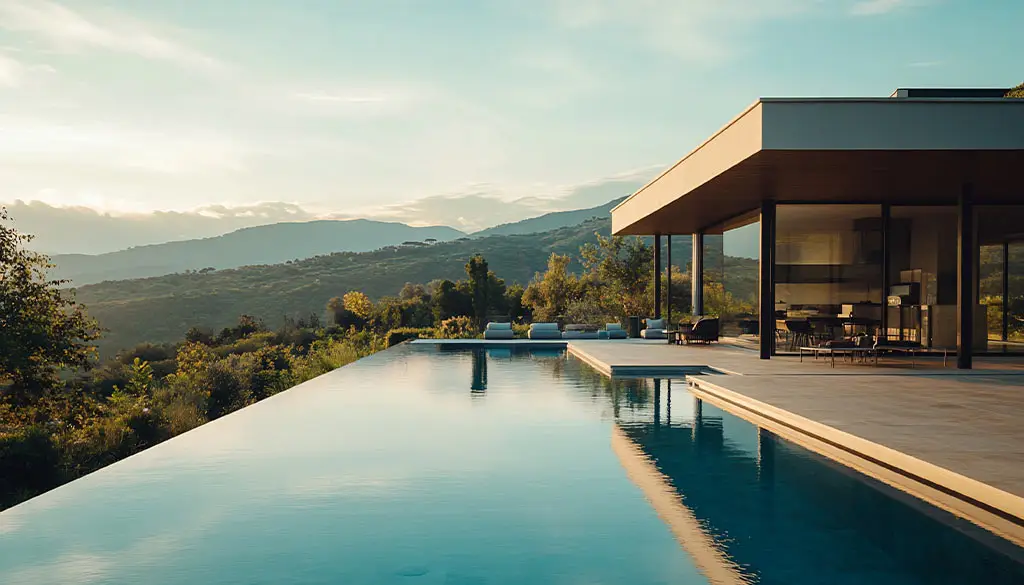Modern luxury villa with infinity pool overlooking serene mountain landscape during sunset, symbolizing peaceful, elevated living with Neworld.