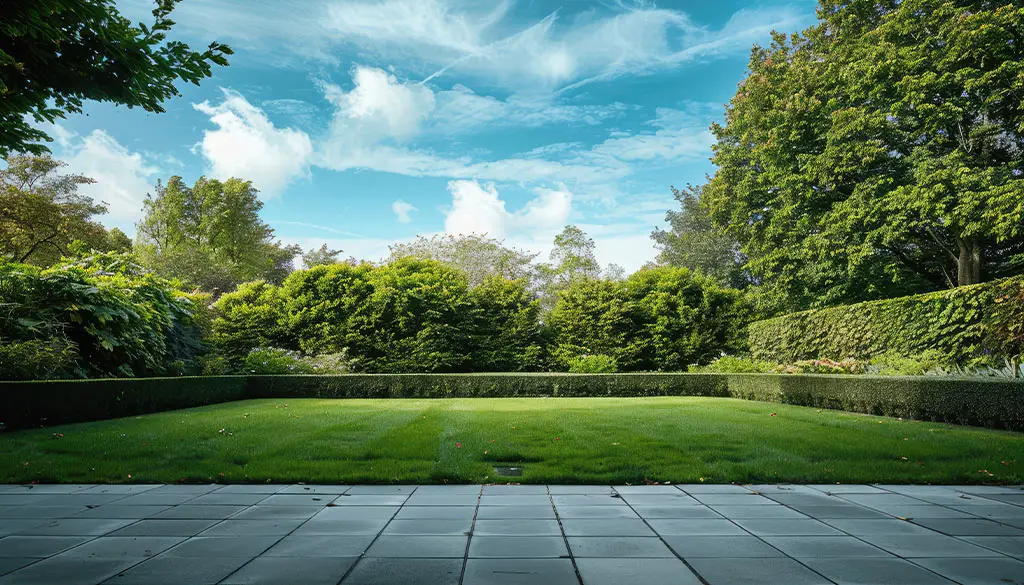 Beautifully landscaped private garden with lush greenery, manicured lawn, and paved patio area, ideal for luxury residential living.