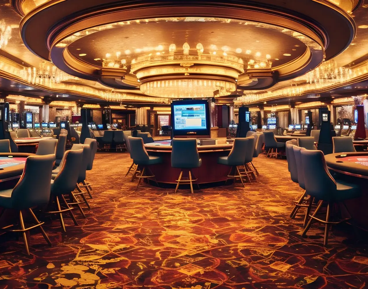Luxurious casino interior with modern gaming tables, plush chairs, and golden ambient lighting – reflecting premium entertainment offerings by Neworld Developers.
