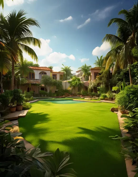 Lush tropical courtyard with landscaped garden, palm trees, and luxury villas by Neworld Developers, showcasing premium real estate in Goa.