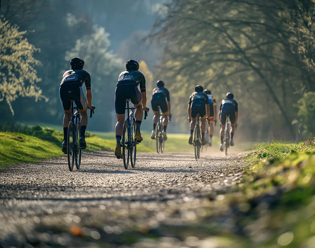 Cyclists riding in a group along a scenic forest trail under soft morning light – promoting healthy outdoor lifestyles in Neworld's nature-integrated developments.