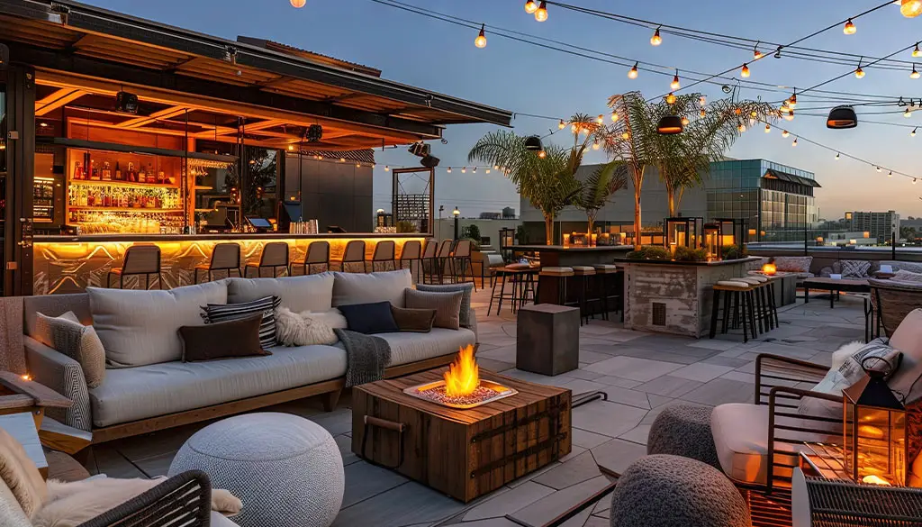 Stylish rooftop lounge at sunset featuring cozy seating, ambient string lighting, fire pit tables, and a modern bar with skyline views—ideal for upscale urban living