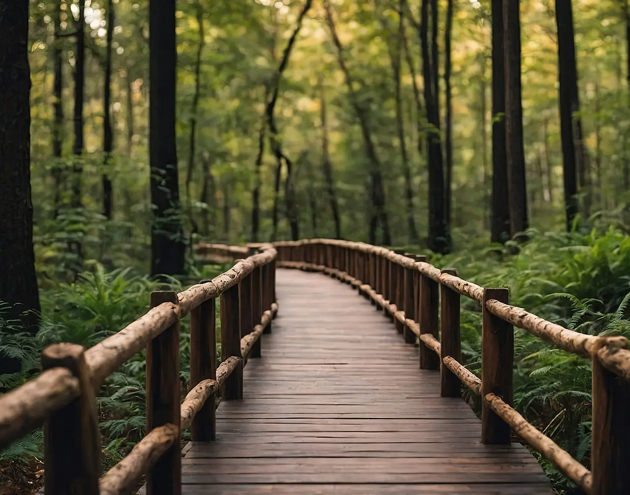 Wooden walkway with rustic railings winding through a lush green forest – highlighting natural living and eco-friendly design by Neworld Developers.