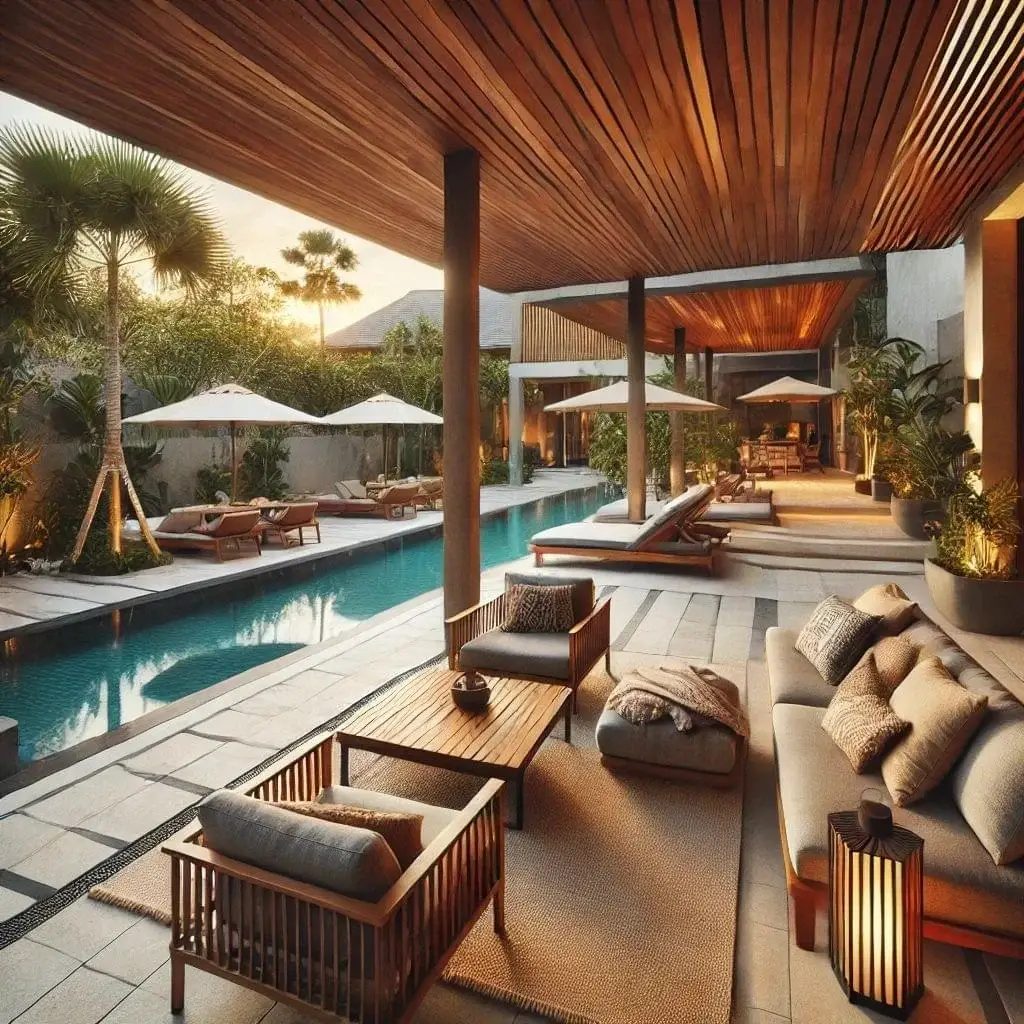 Elegant poolside lounge area with modern outdoor seating and tropical landscaping, showcasing Neworld Developers’ luxury villa design and resort-style living.